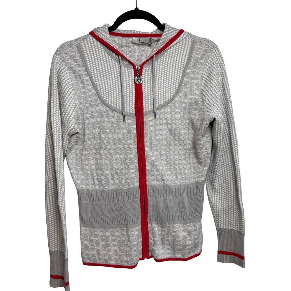 Neve Women M Grey/White Nordic Fair Isle Full-Zip Hooded Sweater Jacket Knit Ski